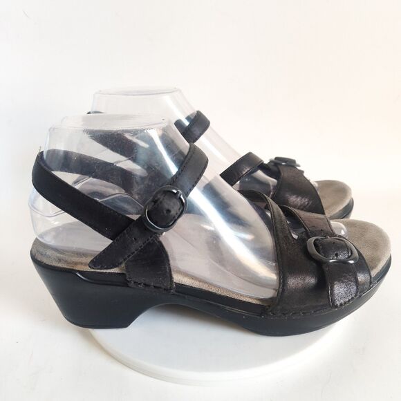 Dansko Sandals Womens Size 39 9 Metallic Black Leather Strappy Open Toe Clogs - Picture 2 of 11